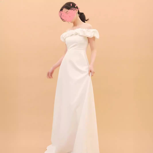 2025 spring white dress skirt pleated off-the-shoulder one-word collar elastic slim and thin two-length dress