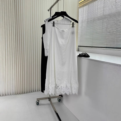 2025 Heavy water-soluble lace splicing linen crew neck vest elegant skirt women, two-piece set