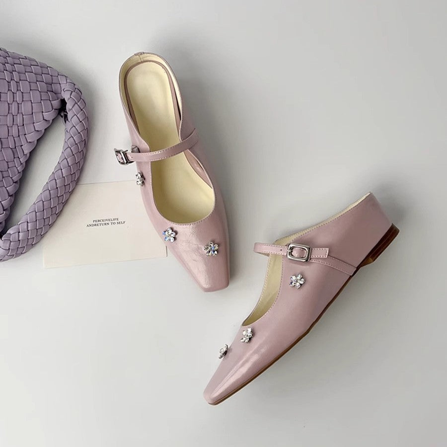 2025 Sheepskin version~  rhinestone flower bag head half slippers women's outer wear inner height increase square head temperament Mary Jane single shoes
