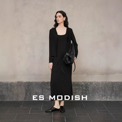 2025 ES MODISH spring new product exquisite solid color outer knitted shirt + tube top suspender dress set women