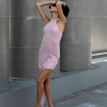XAKXX Sexy pink knitted neck halter design slim dress New autumn and winter new  sleeveless long dress