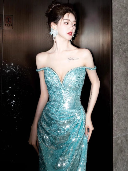 2025 One-word shoulder blue tube top evening dress 2025 style mermaid Ji sexy sequin fishtail dress women