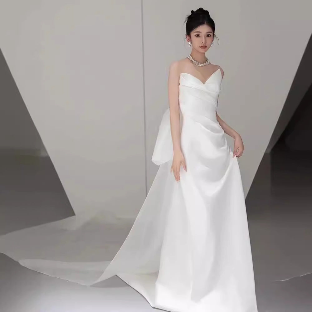 2025 tube top light wedding dress light luxury travel photography Mori hair out yarn Korean simple satin bridal welcome dress small trailing spring