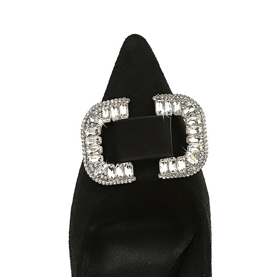 2025 516-K69  fashion banquet high heels women's shoes thin heel suede shallow mouth pointed rhinestone buckle high heel single shoes