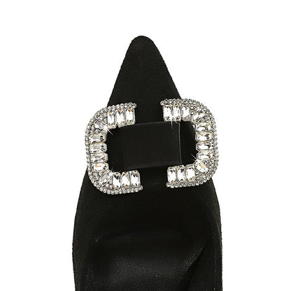 2025 516-K69  fashion banquet high heels women's shoes thin heel suede shallow mouth pointed rhinestone buckle high heel single shoes