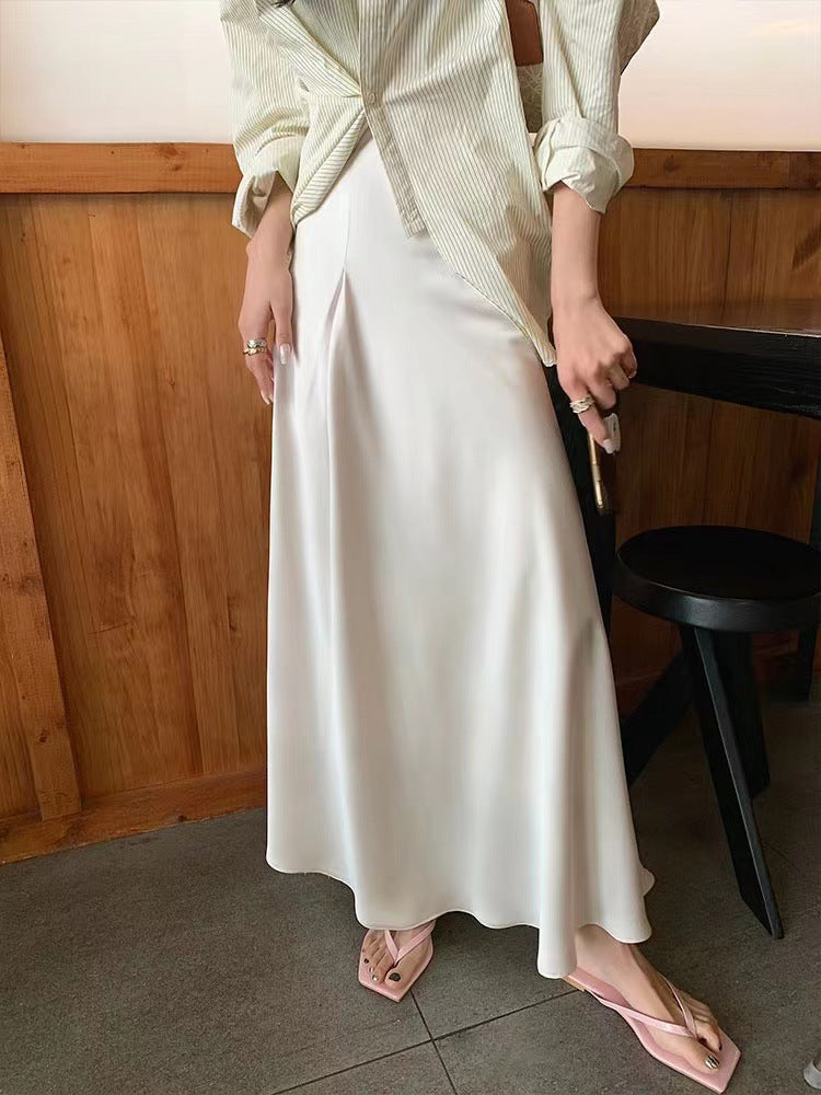 2025 Spot acetic acid satin high-end skirt temperament high waist drape thin fishtail skirt  medium and long
