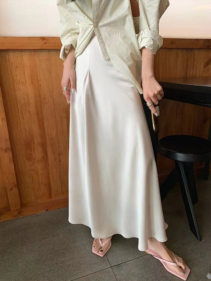 2025 Spot acetic acid satin high-end skirt temperament high waist drape thin fishtail skirt  medium and long