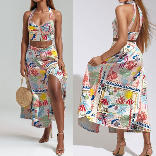 2025 2025 spring new 2025 women's clothing temperament elegant printing suspender vest skirt two-piece fashion suit