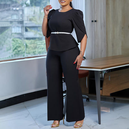 2025 D558 Popular trade women's clothing 2025 new fashion temperament elegant solid color top wide leg pants two-piece set 2025 suit