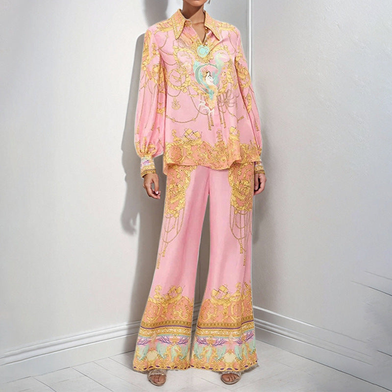 2025 2025 New women's clothing 2025 spring new temperament elegant court style printed shirt trousers New Year's suit