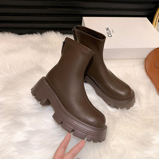 2025 High-heeled short boots for women's popular winter new versatile thick-soled heightening elastic thin boots round-toed Martin boots for women