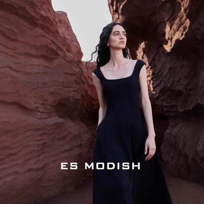 2025 ES MODISH spring new  high-end explosion square collar halter waist suspender small black dress dress women