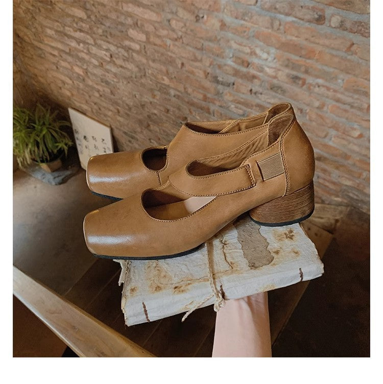2025 Cowhide version~ Grape mother same shoes high-end texture dark wind square head thick heel Mary Jane shoes single shoes women's autumn