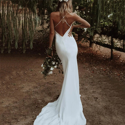 2025 Hot trade new wedding dress white sexy V-neck sleeveless backless bridal dress simple slim fish tail long spring