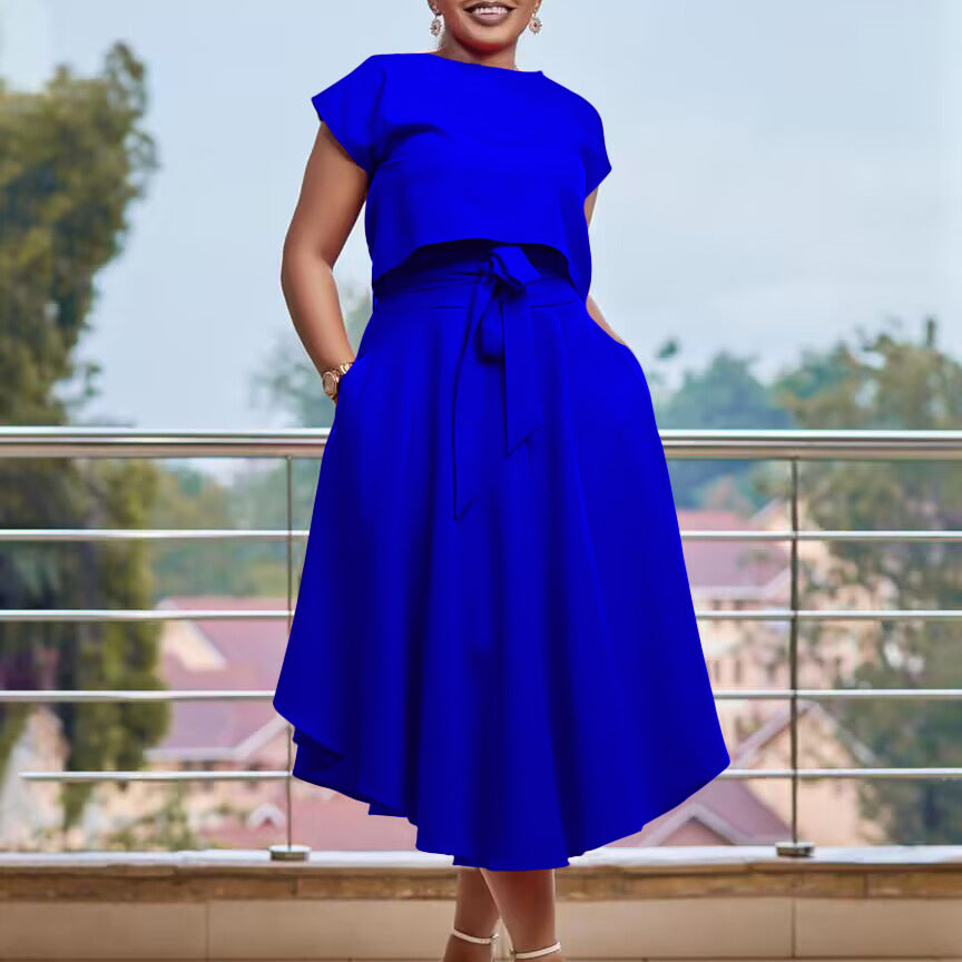 2025 D376 New large-size women's clothing, new temperament Tongle solid color top, large pendulum skirt, two-piece Popular trade suit