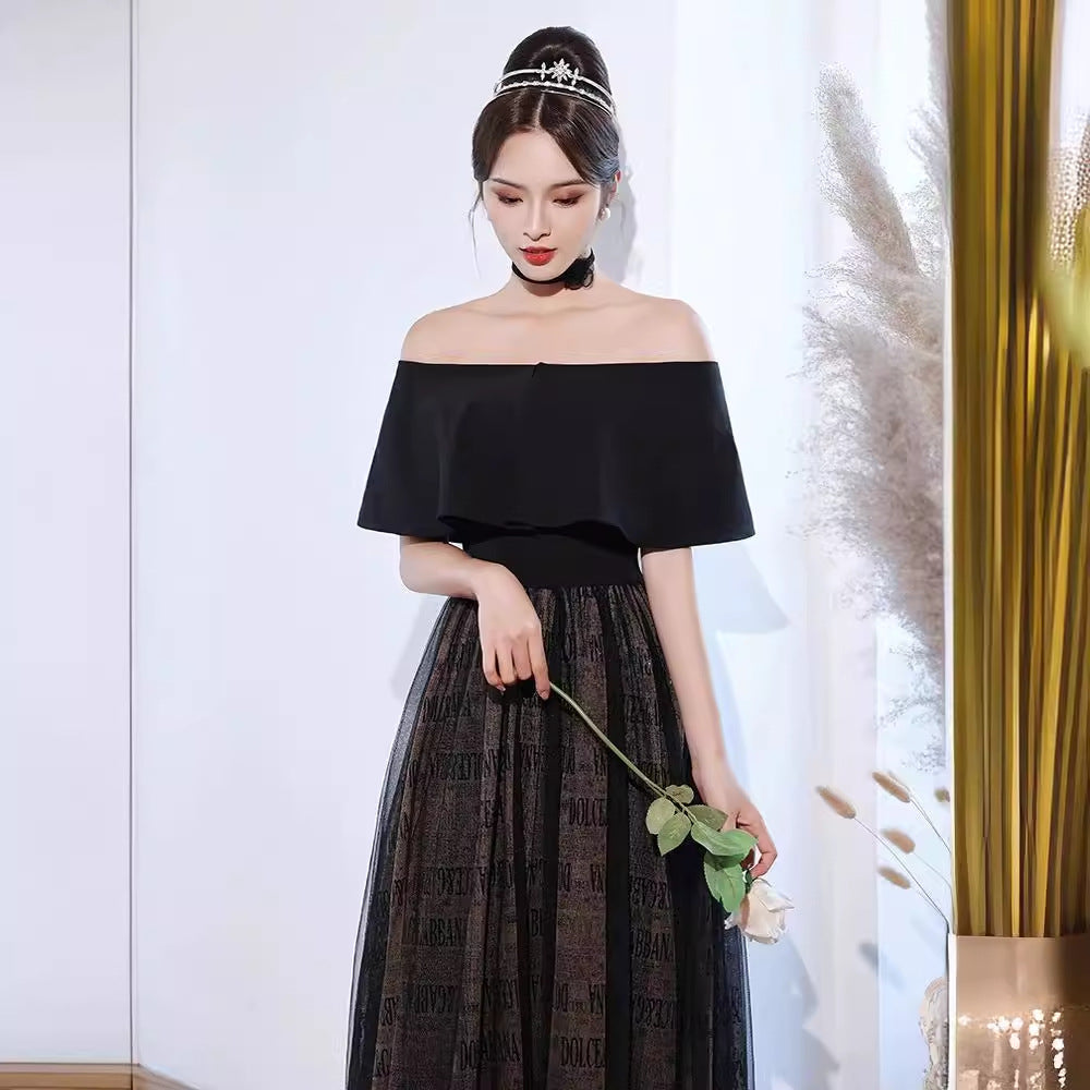 2025 Black evening dress women's light luxury temperament high sense super fairy one-word shoulder dress annual meeting party host performance