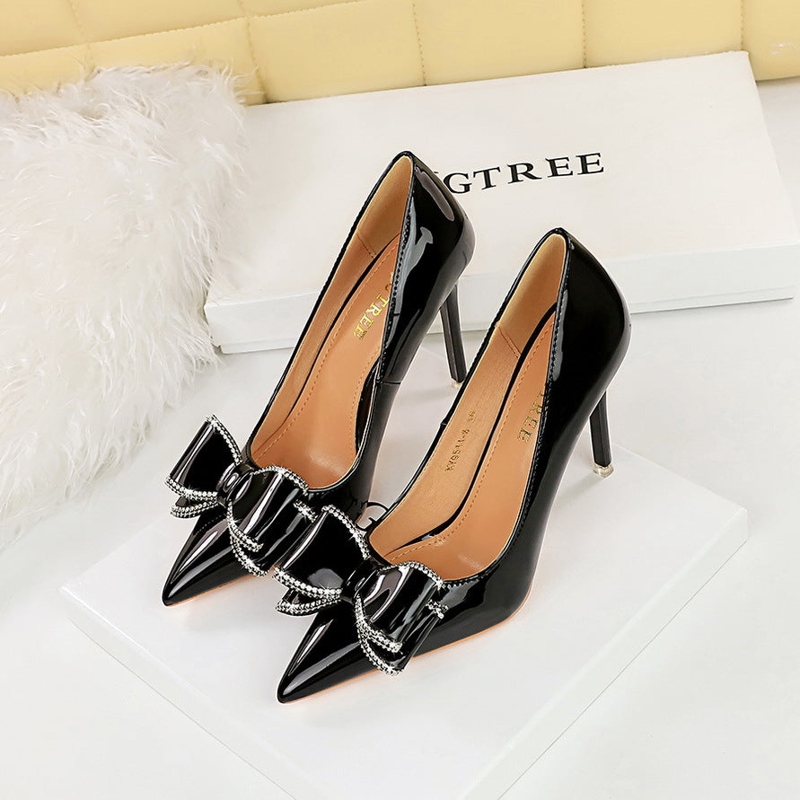 2025 9511-H35  style banquet high heels thin heel shallow mouth pointed head glossy patent leather bow high heel single shoes women