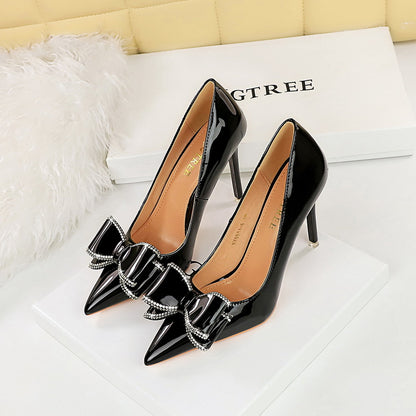 2025 9511-H35  style banquet high heels thin heel shallow mouth pointed head glossy patent leather bow high heel single shoes women