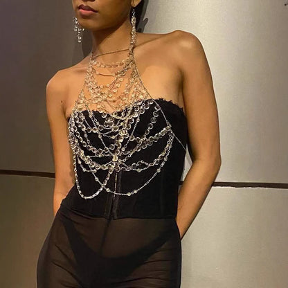 2025 L4961Y real shot  metal chain hanging neck sexy transparent diamond small vest nightclub party fashion halter sling