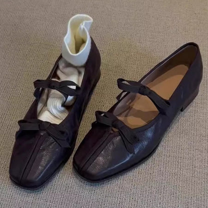 2025 Sheepskin~ Leather  Ballet Shoes Women's Soft Sole with Skirt Retro Mary Jane Shoes Bow Flat Shoes