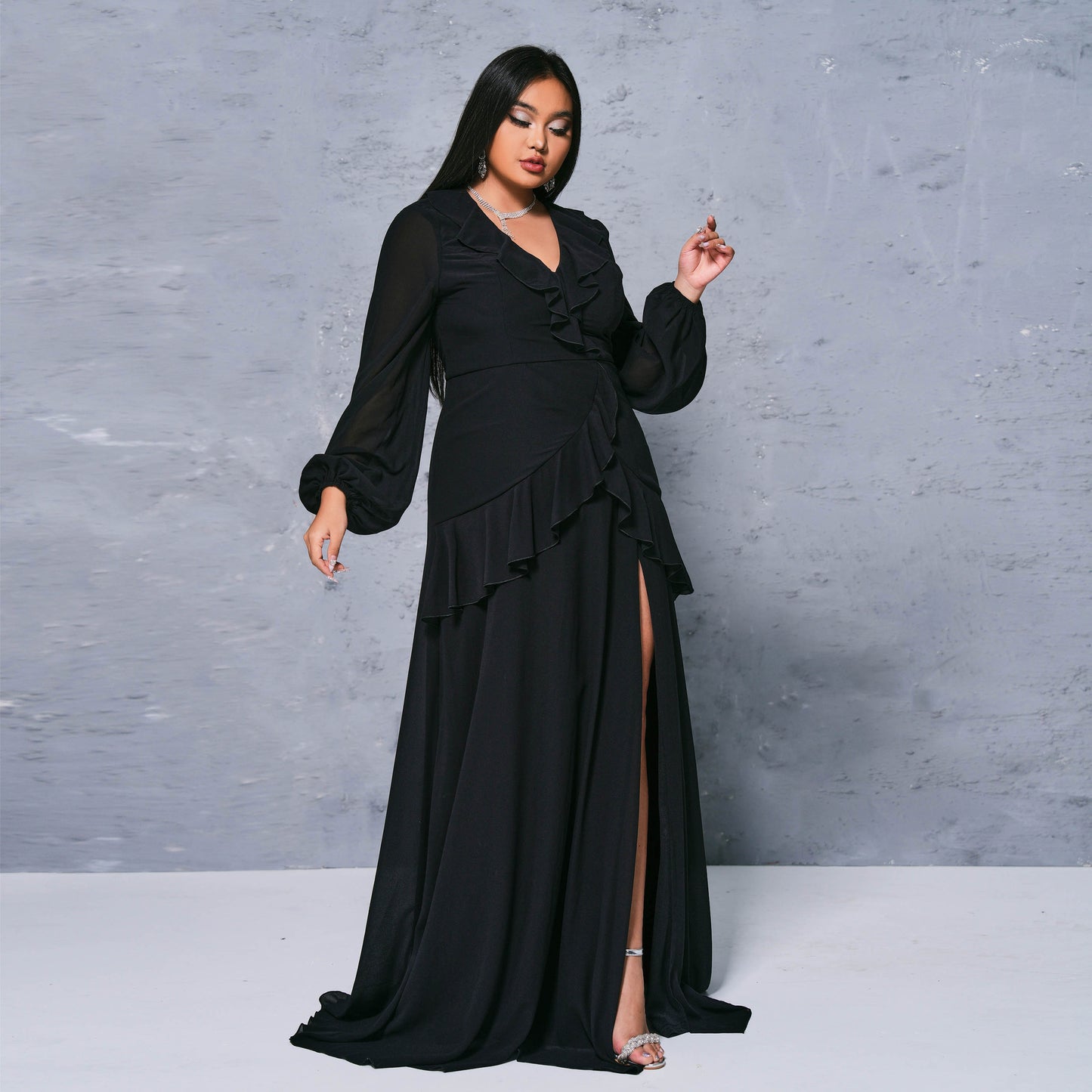2025 Popular trade  fat mm large size women's clothing long V-neck banquet long sleeve sexy split evening dress dress