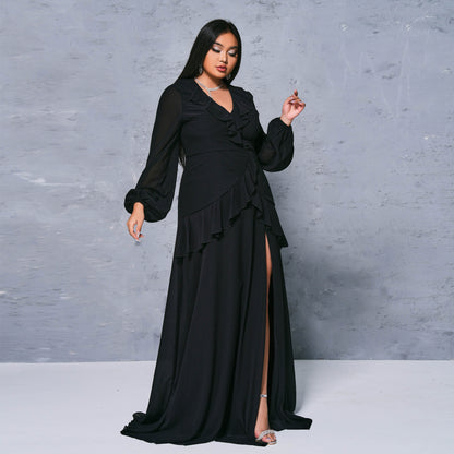 2025 Popular trade  fat mm large size women's clothing long V-neck banquet long sleeve sexy split evening dress dress