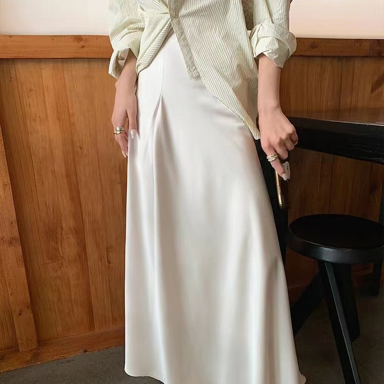 2025 Spot acetic acid satin high-end skirt temperament high waist drape thin fishtail skirt  medium and long