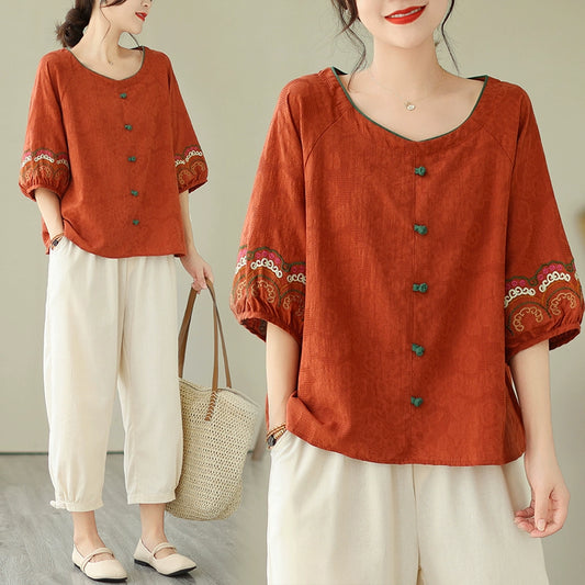 Young mother fashion suit jacquard loose literary button top ramie nine-point Harlan pants casual two-piece set