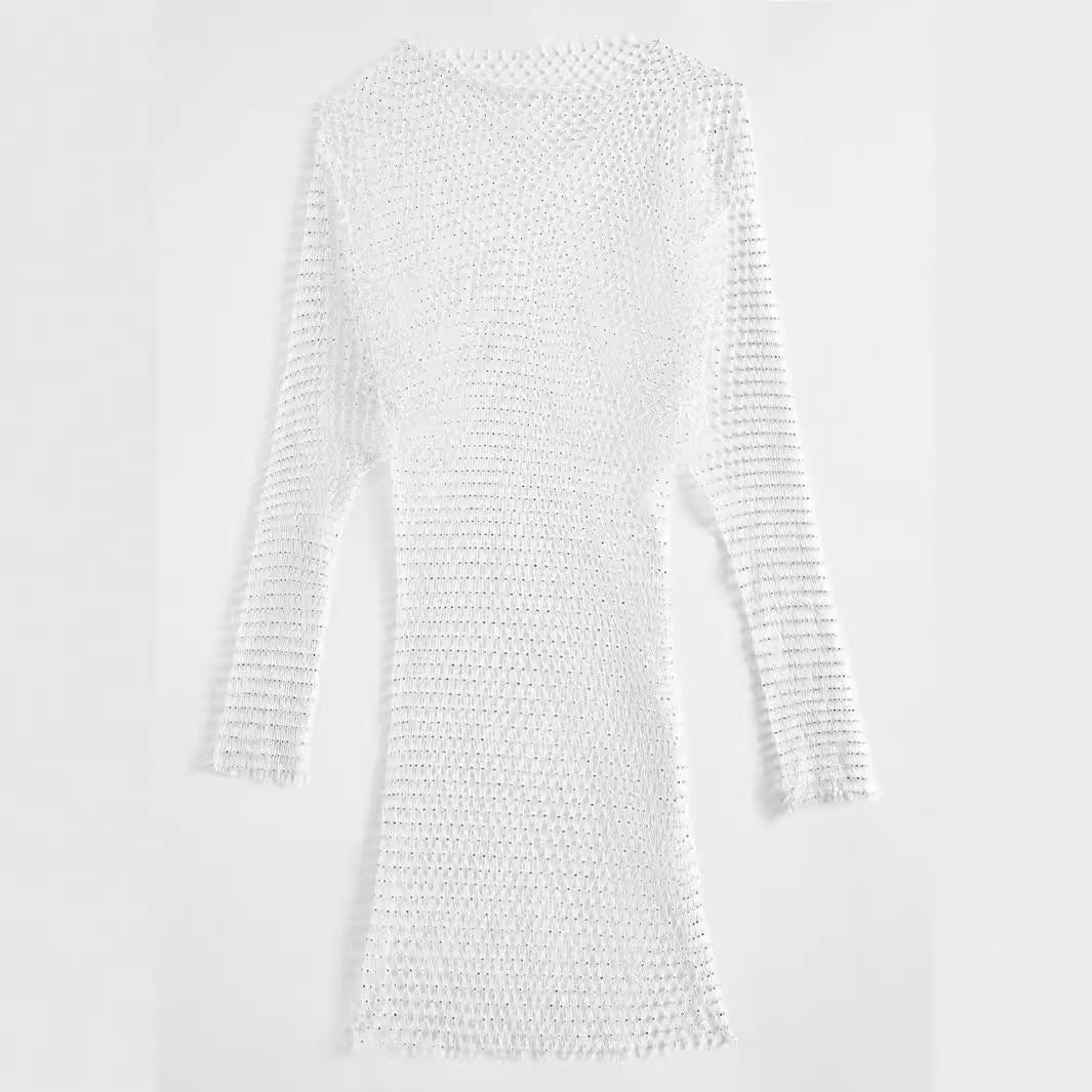 10129 Cross-border  Popular, 2025,  women's clothing popular long-sleeved grid sexy flash diamond round neck dress