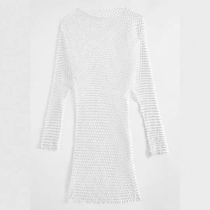 10129 Cross-border  Popular, 2025,  women's clothing popular long-sleeved grid sexy flash diamond round neck dress