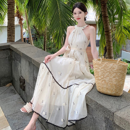2025 Seaside vacation dress  super fairy high sense retro embroidery neck beach dress bow A word pendulum