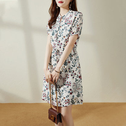 2025 Silk floral skirt  summer new  short-sleeved medium and long mulberry silk gentle first love dress women's clothing