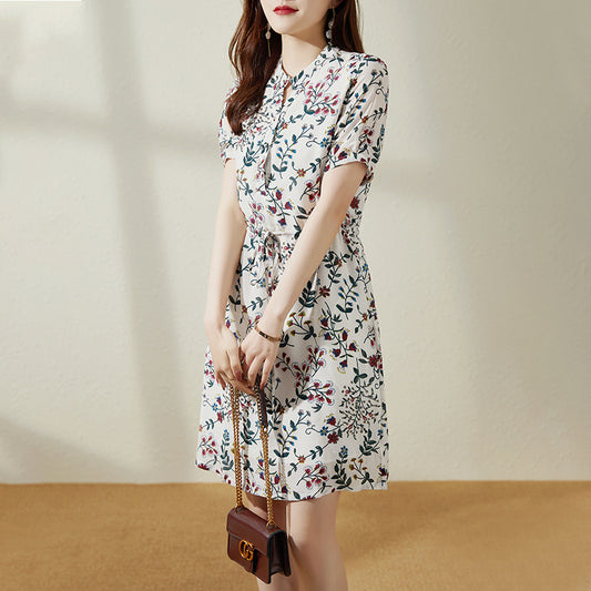 2025 Silk floral skirt  summer new  short-sleeved medium and long mulberry silk gentle first love dress women's clothing