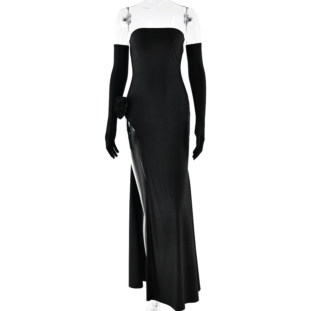 2025 New hot-selling new women's dress sexy fashion tube top with flower inlaid sleeveless split halter dress