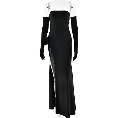 2025 New hot-selling new women's dress sexy fashion tube top with flower inlaid sleeveless split halter dress