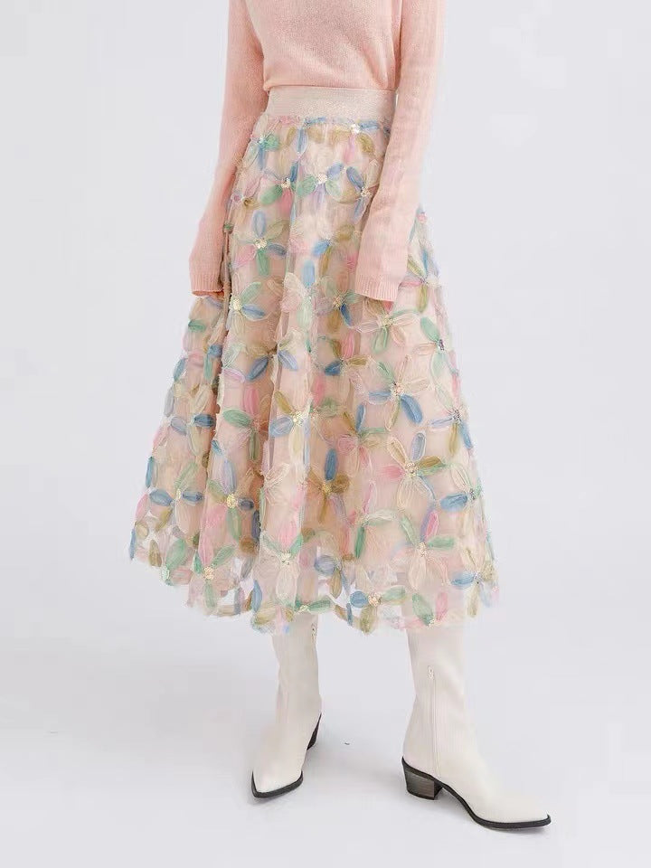 2025 2023 new spring atmosphere three-dimensional flower bead gauze skirt women's spring and autumn mesh skirt long skirt