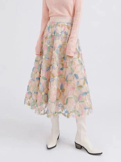 2025 2023 new spring atmosphere three-dimensional flower bead gauze skirt women's spring and autumn mesh skirt long skirt