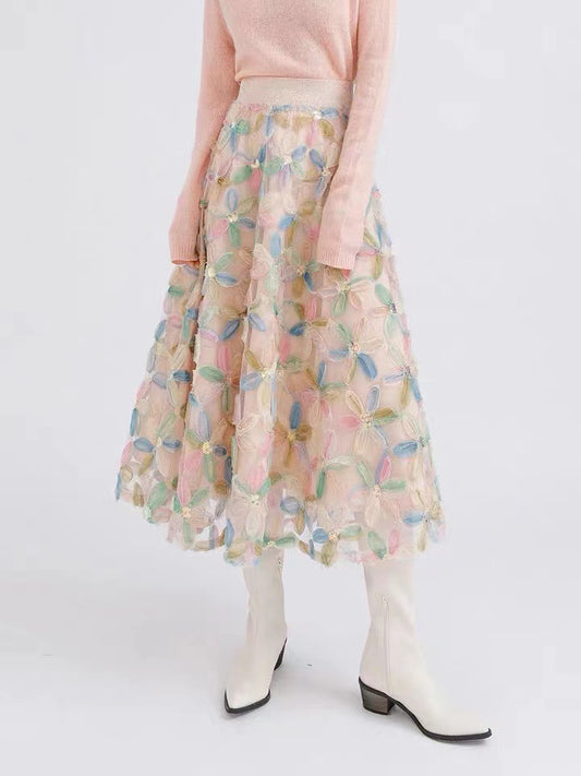 2025 2023 new spring atmosphere three-dimensional flower bead gauze skirt women's spring and autumn mesh skirt long skirt