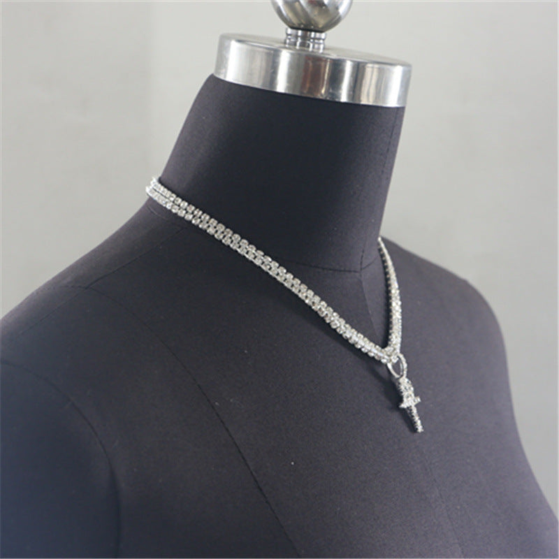 2025 YL2224  necklace factory supply rhinestone cross pendant single row diamond chain double necklace neck