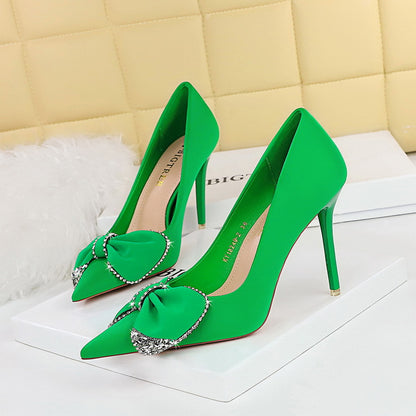2025 18249-AH31  style fashion high heels thin heels banquet women's shoes shallow mouth pointed rhinestone bow single shoes
