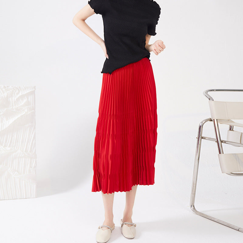 2025 Folded skirt women's wholesale spot versatile high waist Mizhai summer new medium and long large size pleated skirt skirt
