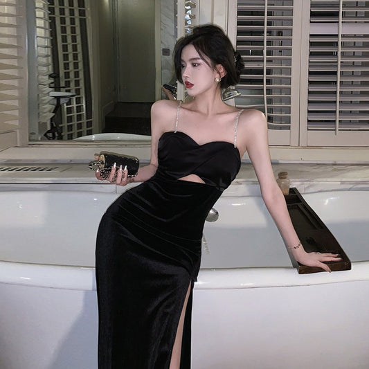 2025 Hepburn Haute Sense Skirt Sexy Little Black Dress Halter Suspender Party Dress Split Dress Summer