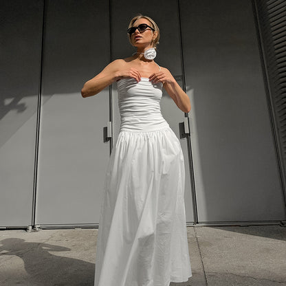 XAKXX 2025Autumn white temperament off-the-shoulder suspender slim tube top low-rise slim dress 2025 fashion flower dress