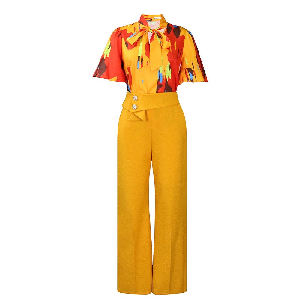 2025 D341 2025 new summer printed stand-up collar long-sleeved shirt top wide-leg pants fashion suit New two-piece set