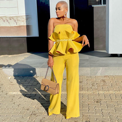 Y9292 2025 New new 2025 solid color tube top elegant wide-leg pants ruffle edge personality and comfort