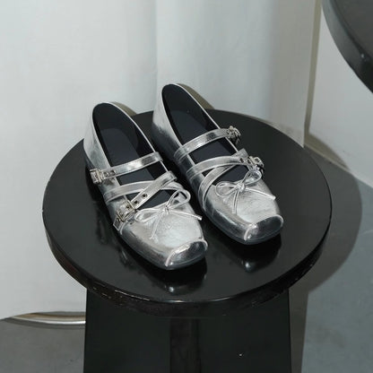 2025 2025 spring new red bow small single shoes women's spring and summer leather retro shallow mouth rivet ballet flats
