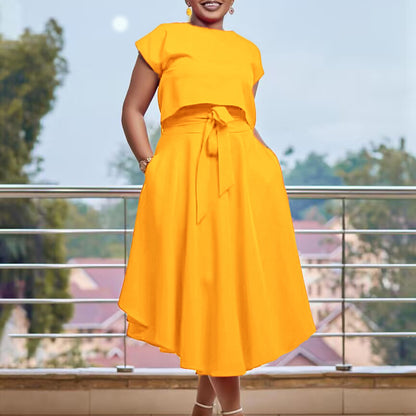 2025 D376 New large-size women's clothing, new temperament Tongle solid color top, large pendulum skirt, two-piece Popular trade suit