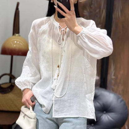 2025 High-end  early spring new 100 ramie sequined embroidery decoration fashionable loose and thin Popular shirt