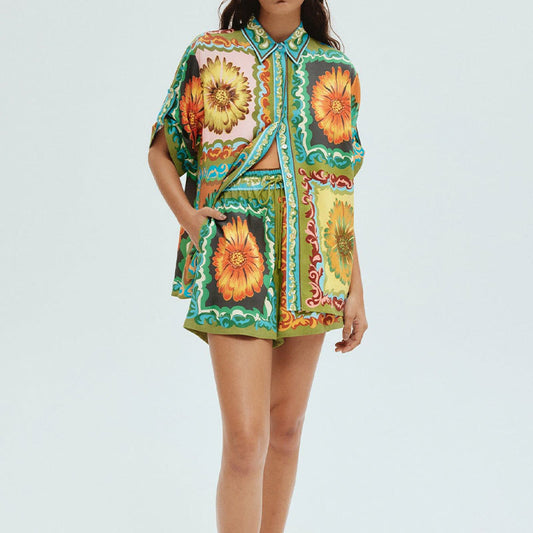 2025 Cross-border 2025 women's clothing 2025 spring new temperament casual printed shirt shorts two-piece fashion suit