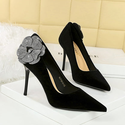 2025 3739-H59L  style thin rhinestone side flower high heels Xishi velvet thin heel super high heel single shoes women